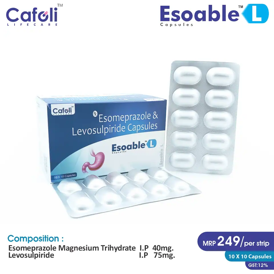 Levosulpiride 75mg + Esomeprazole 40mg Capsule at the best price in PCD Pharma Franchise for Gastroesophageal Disease Treatment.